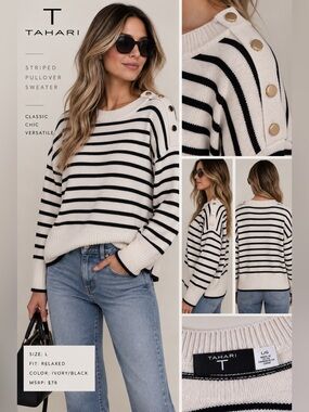Tahari Ivory and Black Striped Crewneck Sweater with Gold Buttons Size L
